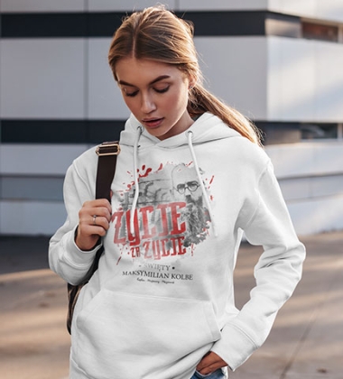 Damska bluza z kapturem MAKSYMILIAN KOLBE BIAŁA